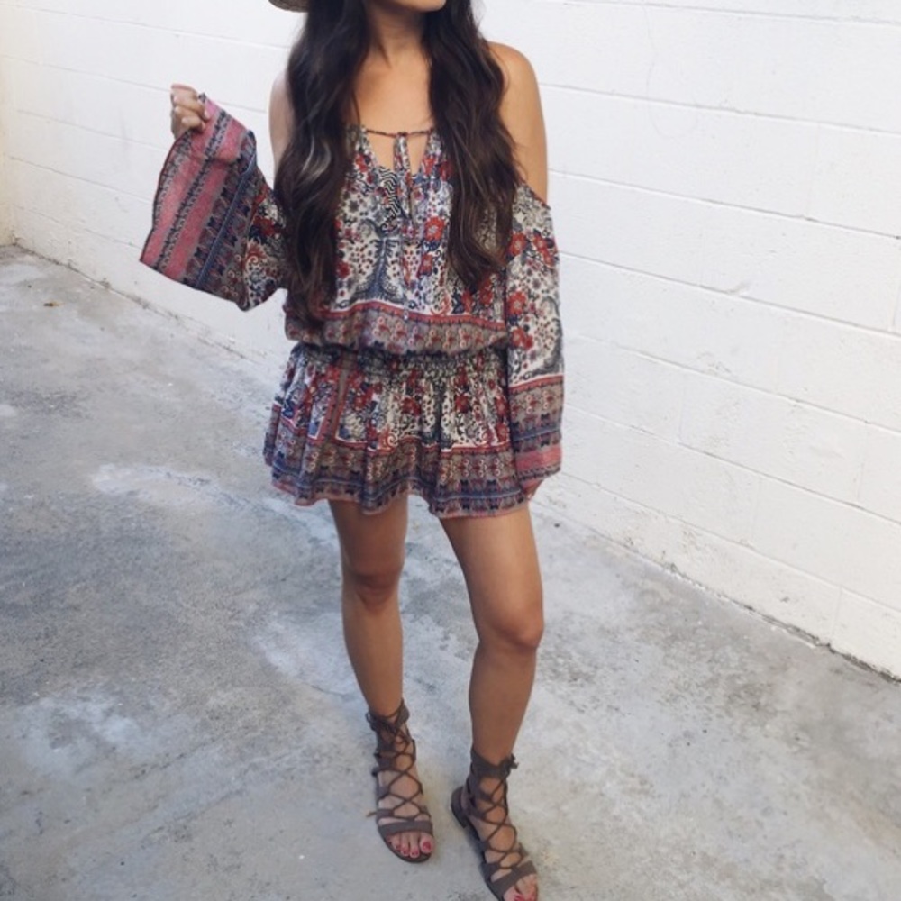 Blue Life Open Shoulder Shirred Waist Mini Dress Paisley XS